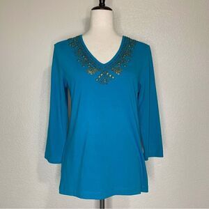 Chico’s Beaded Embellished Blue V-neck 3/4 Sleeves Top